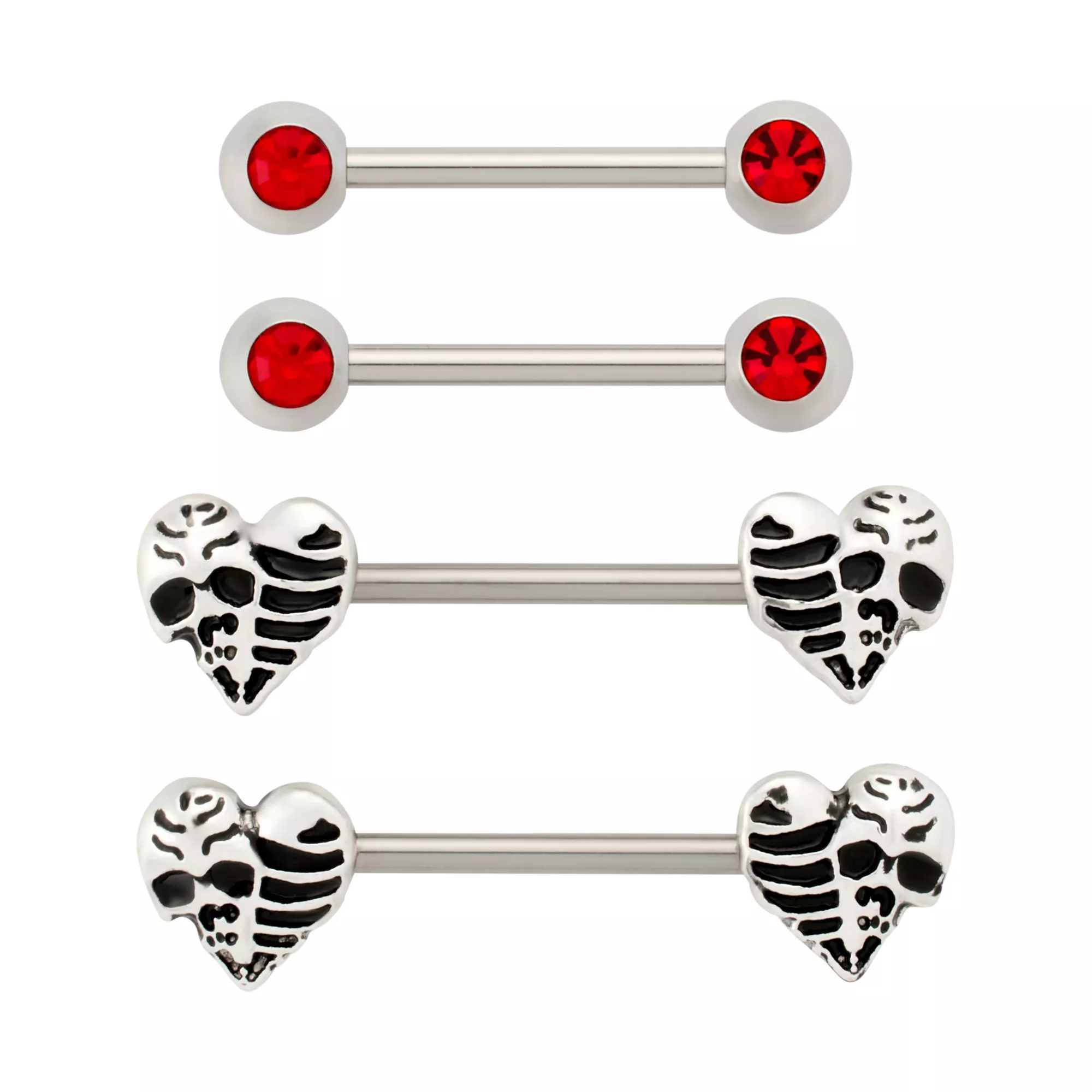 Multi-Pack Red CZ Skull Heart Titanium Nipple Barbells 2 Pairs - 14 Gauge at Spencer's