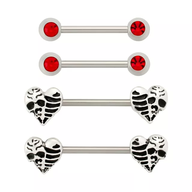 Multi-Pack Red CZ Skull Heart Titanium Nipple Barbells 2 Pairs - 14 Gauge at Spencer's