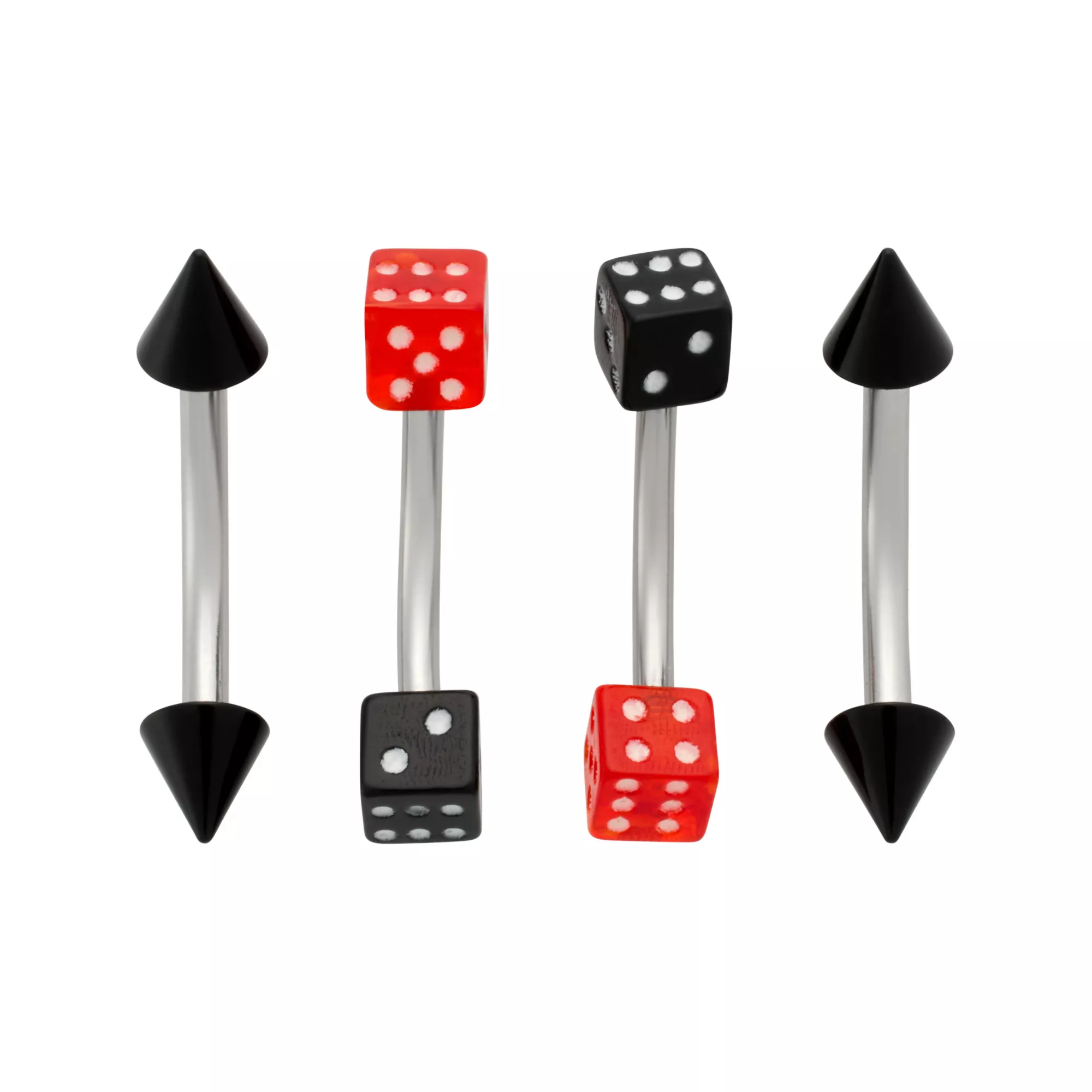 Multi-Pack Black and Red Dice Silver-Tone Spike Curved Barbells 4 Pack - 16 Gauge