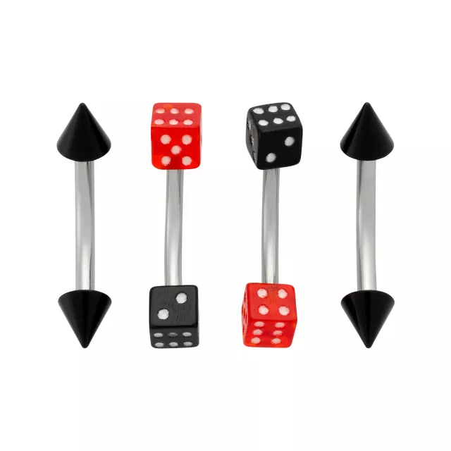 Multi-Pack Black and Red Dice Silver-Tone Spike Curved Barbells 4 Pack - 16 Gauge at Spencer's