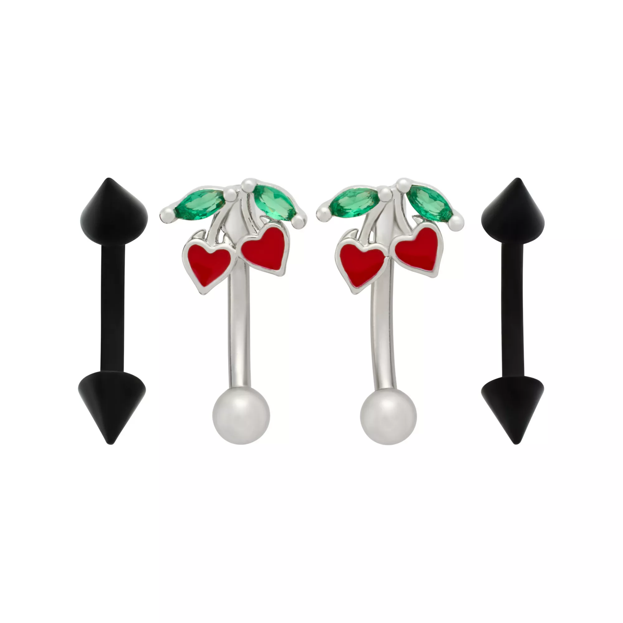 Multi-Pack Green CZ Heart Cherry Black and Silver-Tone Curved Barbells 4 Pack - 16 Gauge at Spencer's