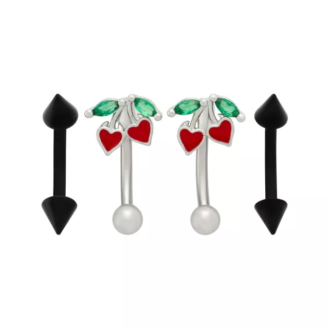 Multi-Pack Green CZ Heart Cherry Black and Silver-Tone Curved Barbells 4 Pack - 16 Gauge at Spencer's