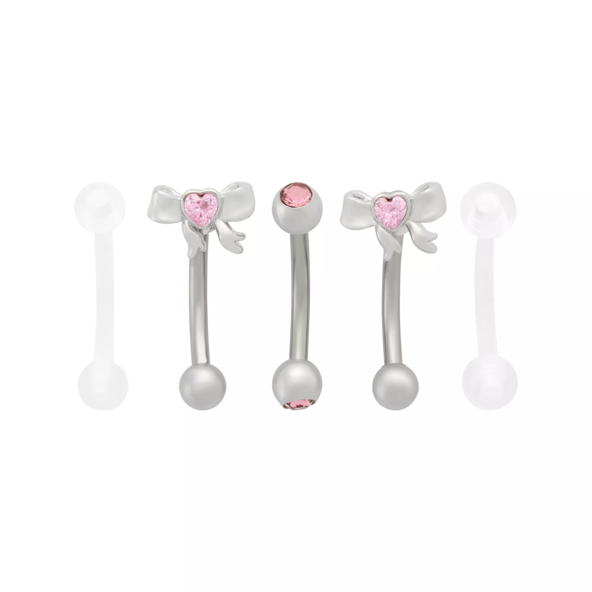 Multi-Pack Pink CZ Heart Bow Silver-Tone Curved Barbells 5 Pack - 16 Gauge