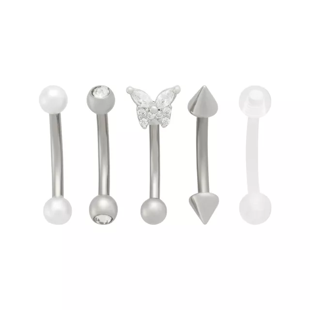 Multi-Pack Clear CZ Butterfly Silver-Tone Titanium Curved Barbells 5 Pack - 16 Gauge at Spencer's