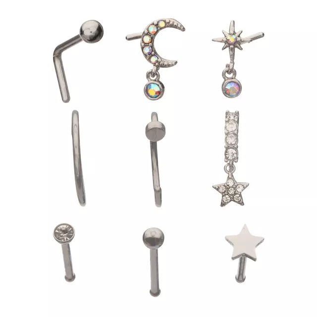 Multi-Pack CZ Star Dangle Pin L-Bend and Hoop Nose Ring 9 Pack - 20 Gauge