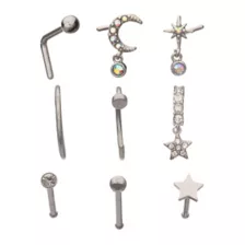 Multi-Pack CZ Silver-Plated Celestial Nose Rings - 9 Pack at Spencer's