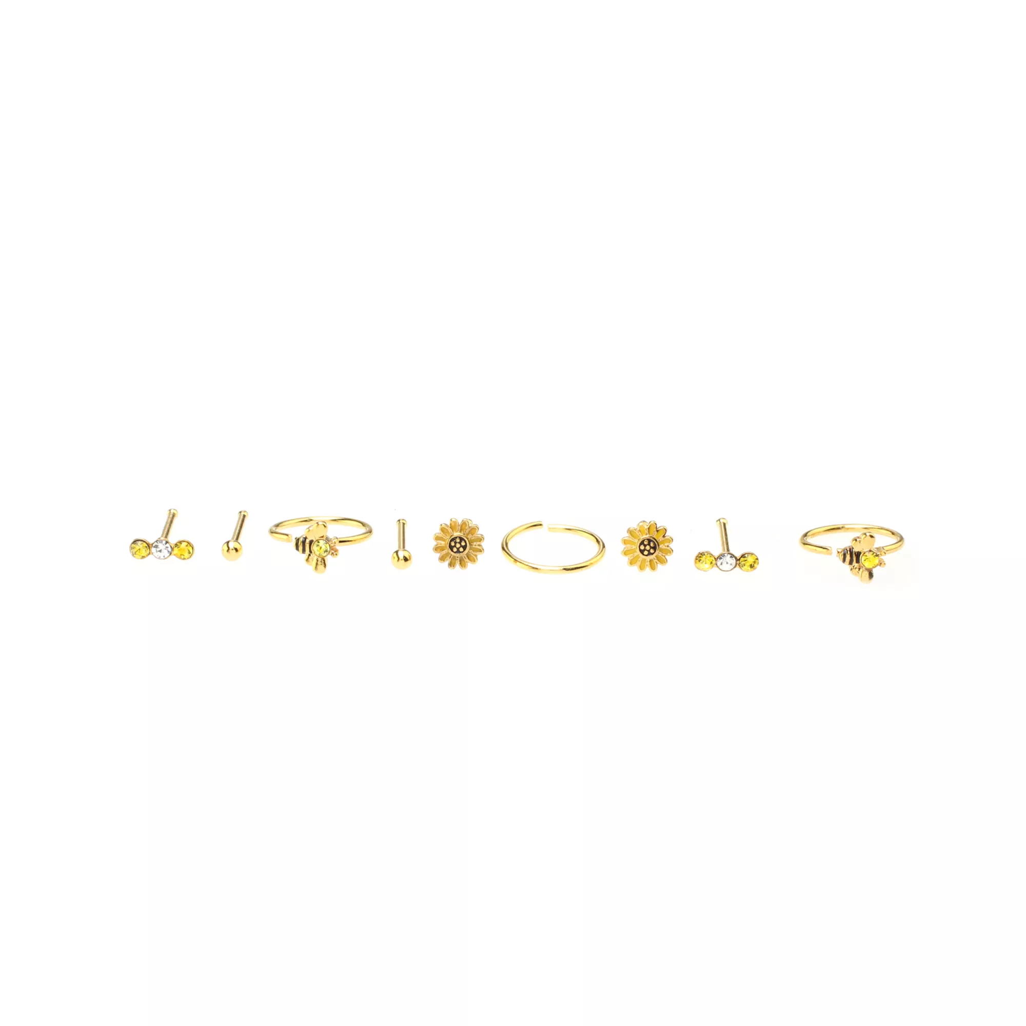 Multi-Pack Round CZ Goldtone Sunflower Nose Rings 9 Pack - 20 Gauge