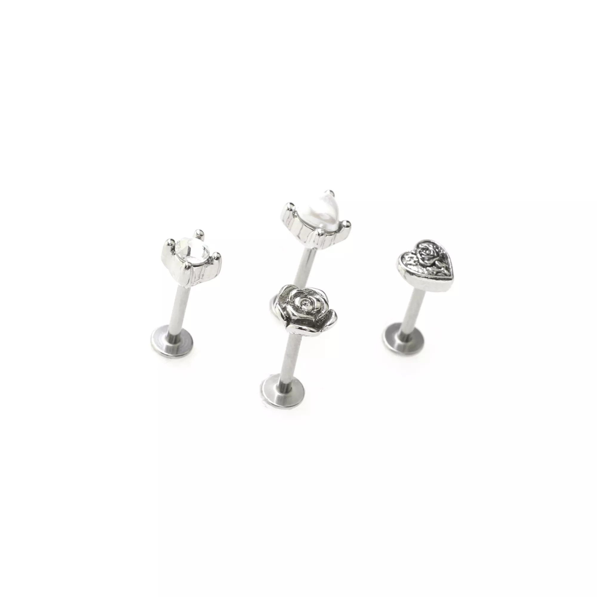 Multi-Pack Clear CZ and Pearl-Effect Antique Heart and Rose Labret Rings 4 Pack - 16 Gauge