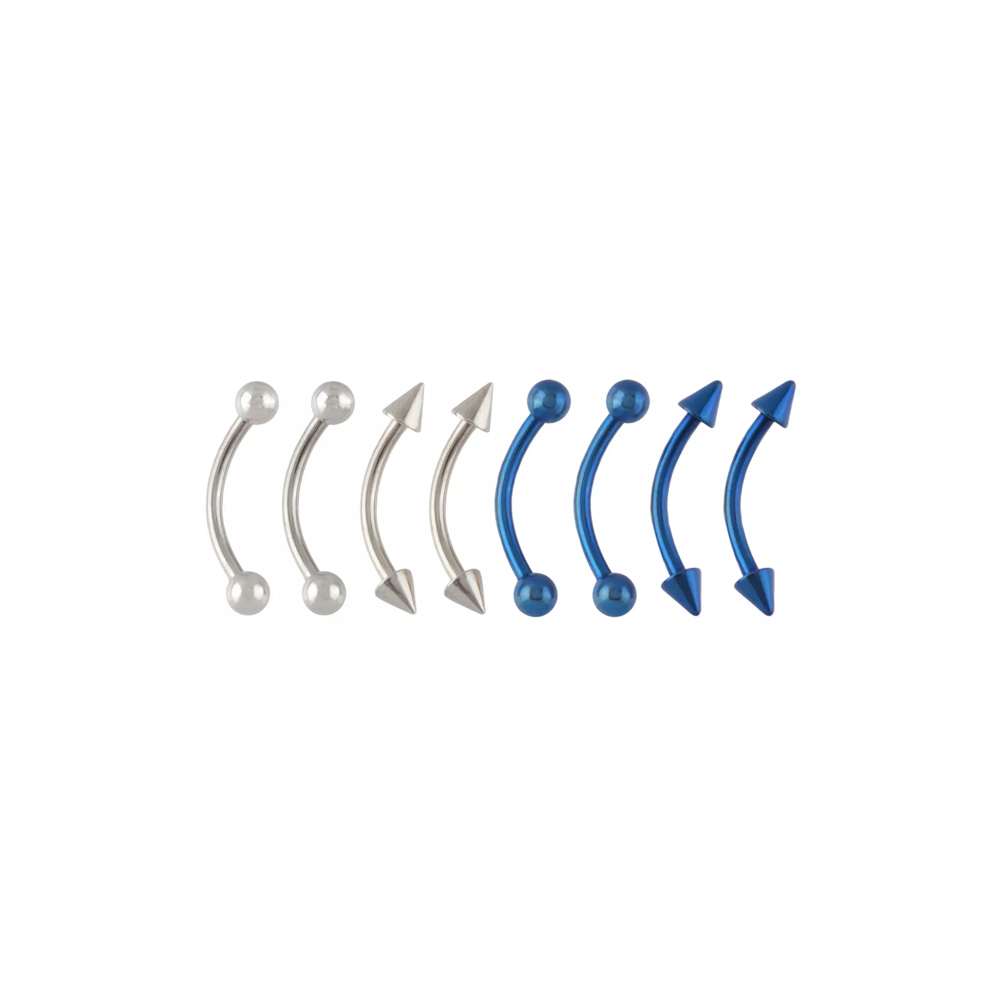 Multi-Pack Spiked Blue and Silver-Tone Titanium Curved Barbells 8 Pack - 16 Gauge at Spencer's
