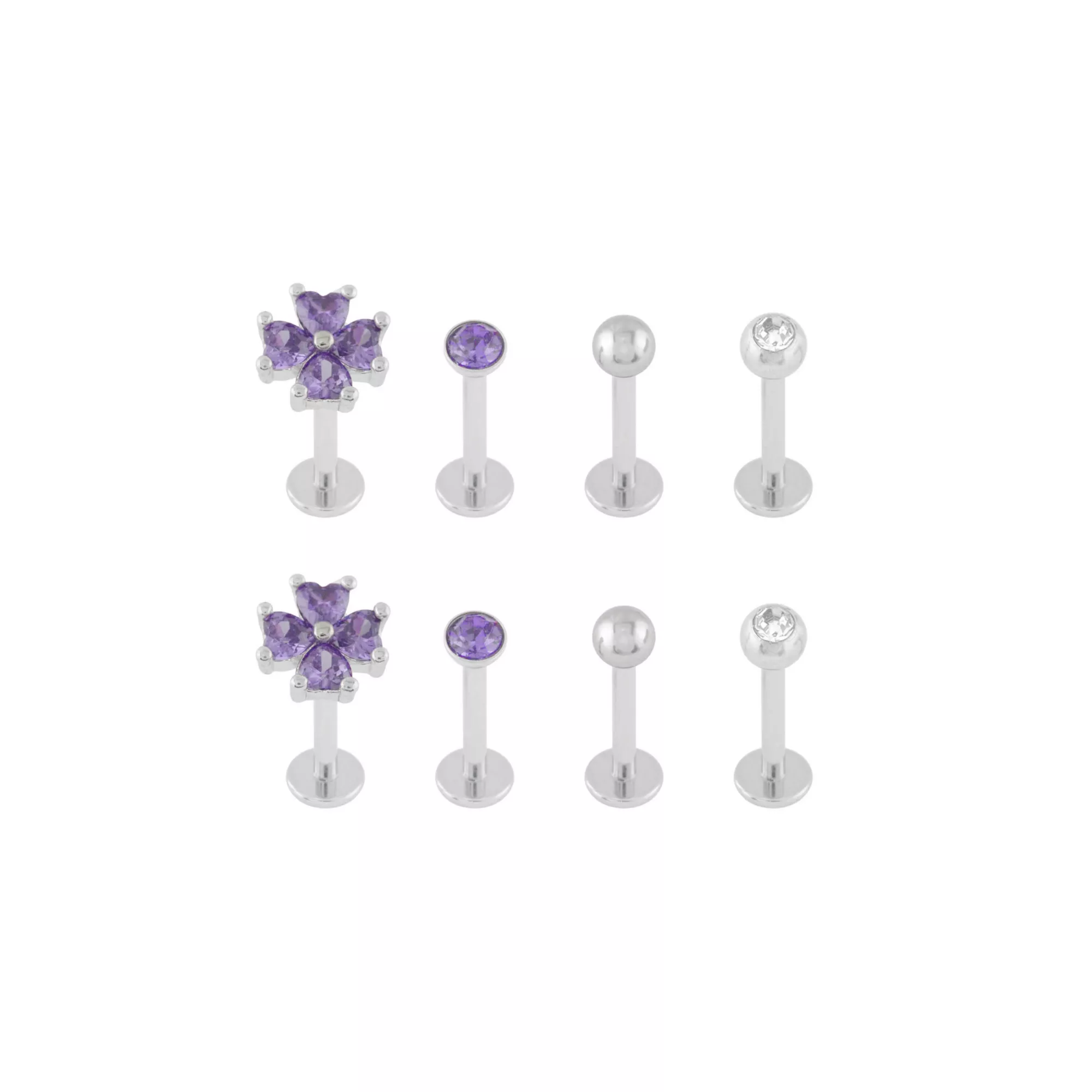 Multi-Pack Purple CZ Flower Silver-Tone Titanium Labret Lip Rings 8 Pack - 16 Gauge at Spencer's