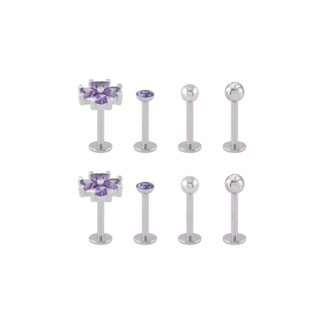 Multi-Pack Purple CZ Flower Silver-Tone Titanium Labret Lip Rings 8 Pack - 16 Gauge at Spencer's