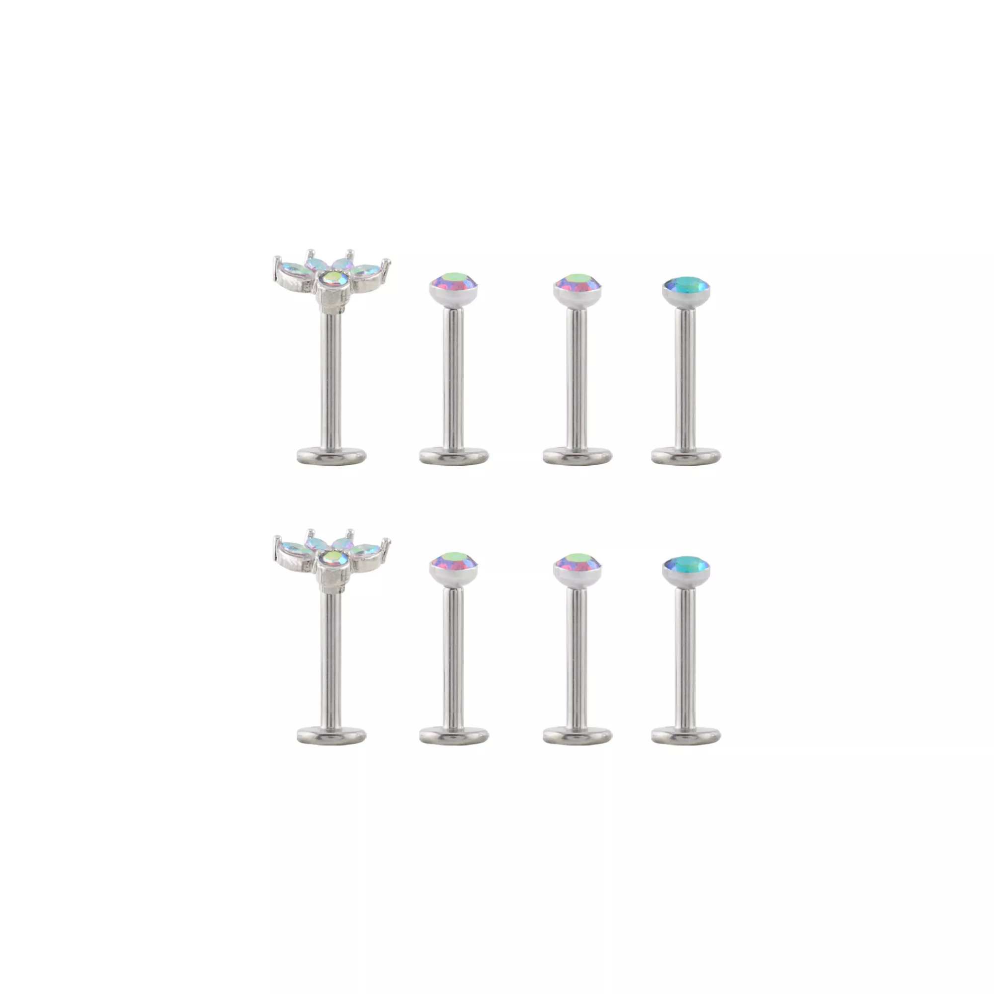 Multi-Pack Iridescent Blue CZ Petal Silver-Tone Titanium Labret Lip Rings 8 Pack - 16 Gauge at Spencer's