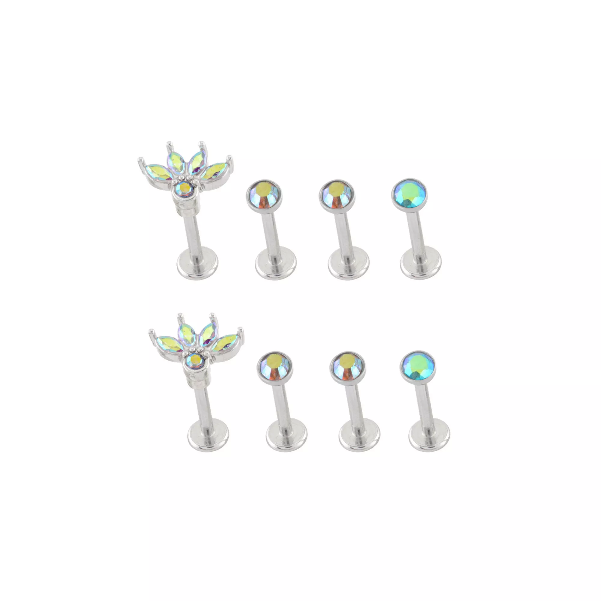 Multi-Pack Iridescent Blue CZ Petal Silver-Tone Titanium Labret Lip Rings 8 Pack - 16 Gauge at Spencer's
