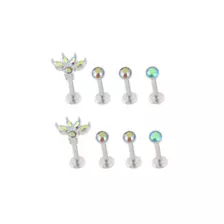 Multi-Pack Iridescent Blue CZ Petal Silver-Tone Titanium Labret Lip Rings 8 Pack - 16 Gauge at Spencer's
