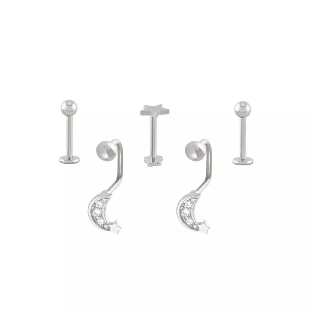 Multi-Pack CZ Star Moon Labret and Lippy Loop Lip Rings 5 Pack - 16 Gauge at Spencer's