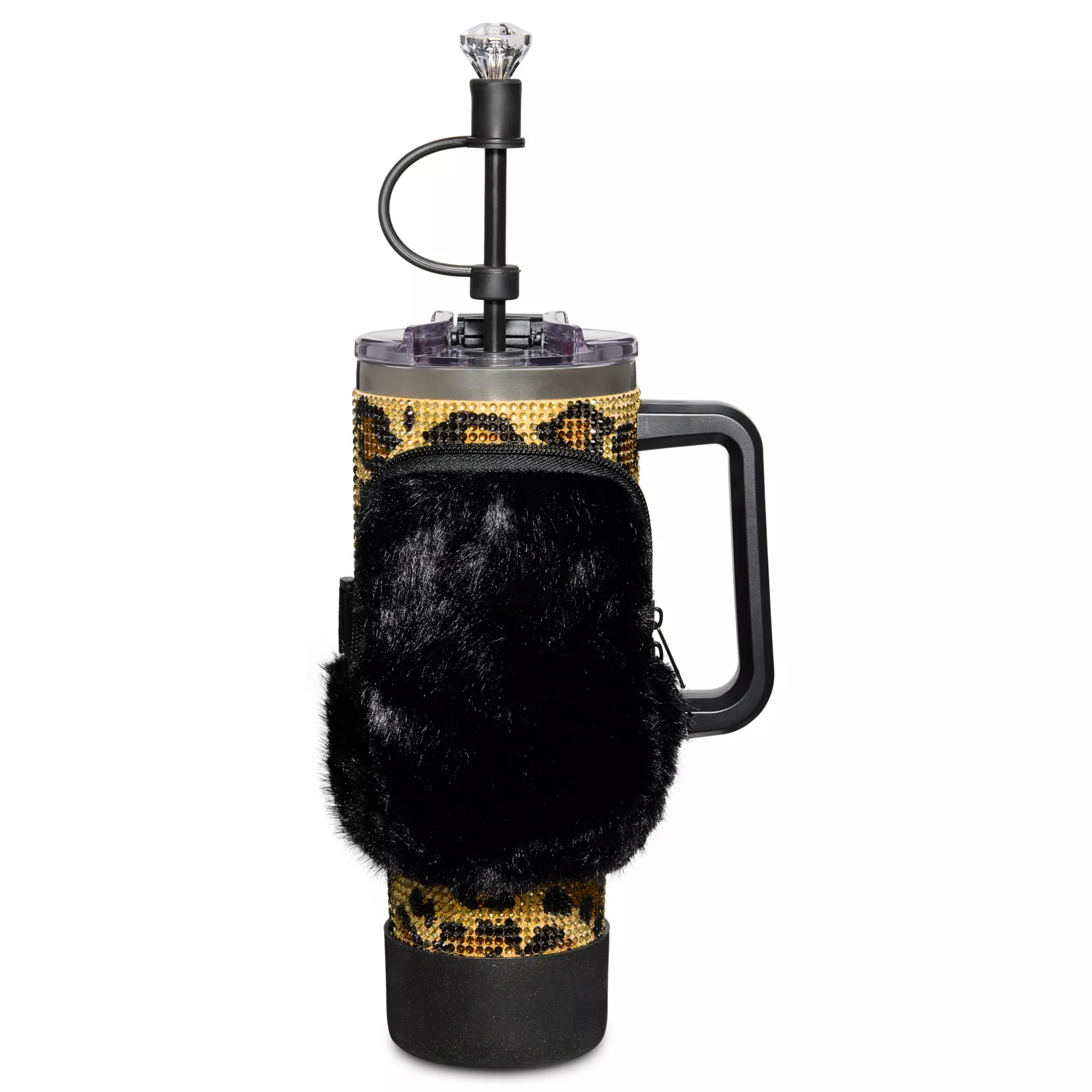 Cheetah Print Rhinestone Travel Tumbler with Pouch and Accessories - 40 oz.