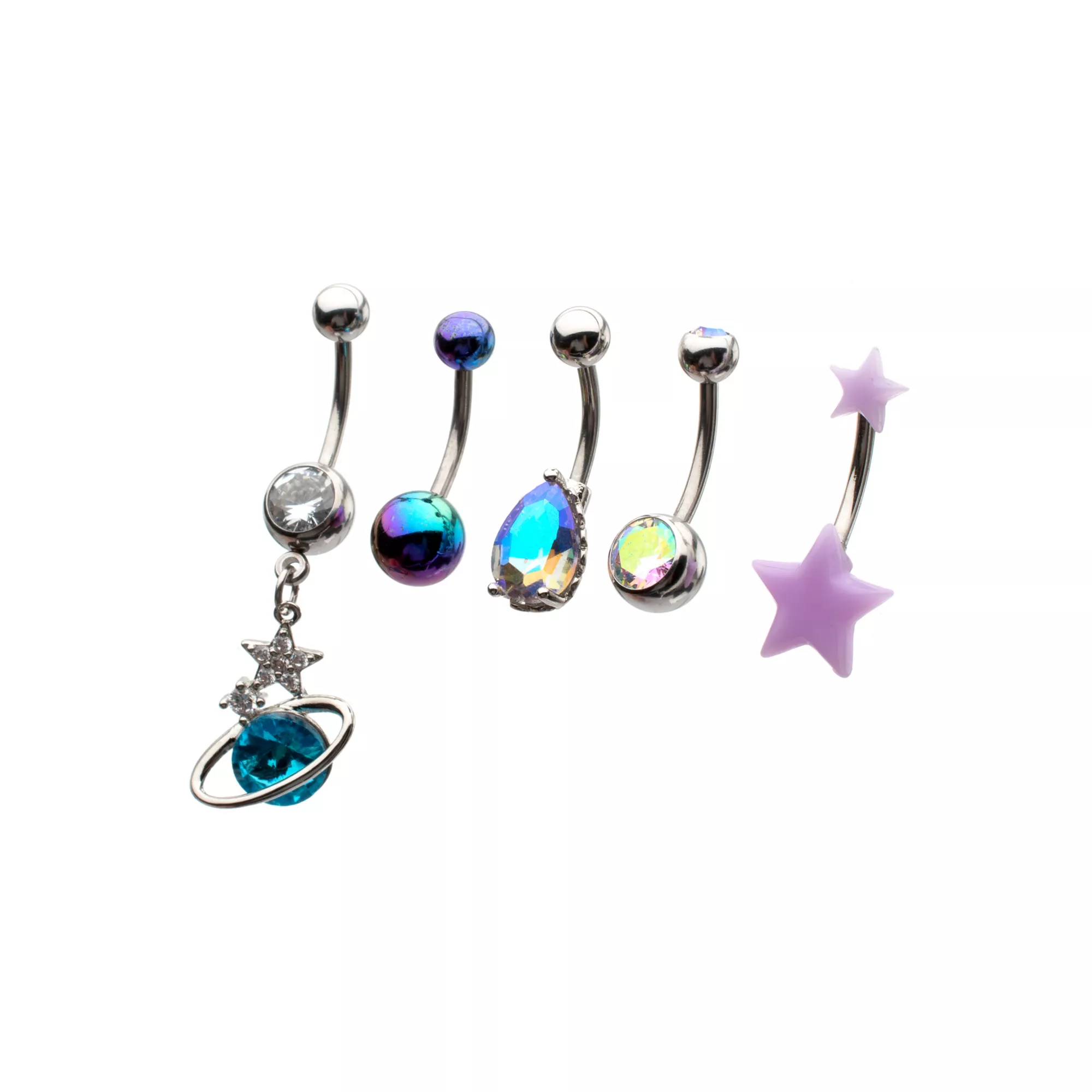Multi-Pack CZ Space Silver-Plated Belly Rings 5 Pack - 14 Gauge