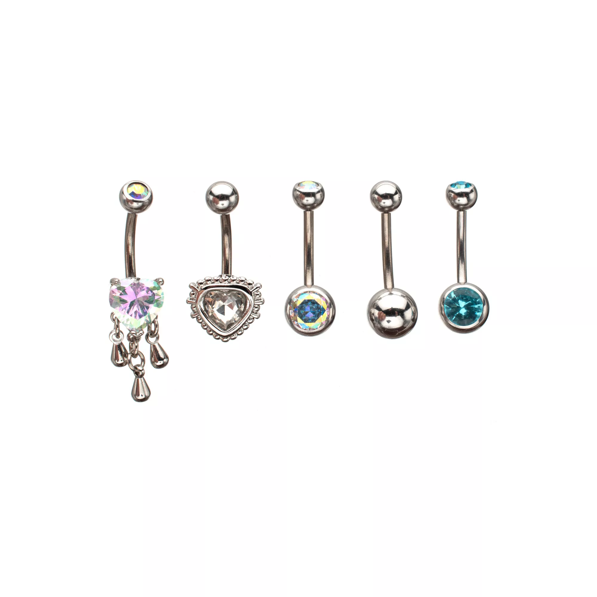 Multi-Pack CZ Heart Drip Titanium Dangle Belly Rings 5 Pack - 14 Gauge at Spencer's