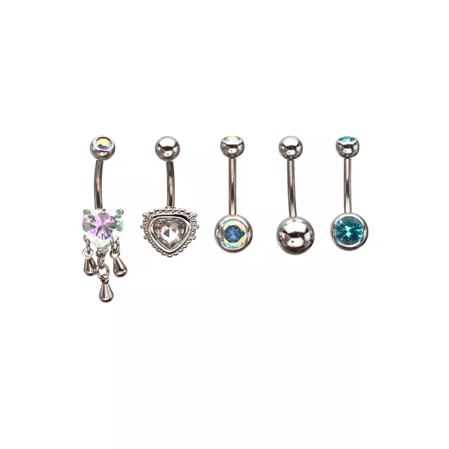 Multi-Pack CZ Heart Drip Titanium Dangle Belly Rings 5 Pack - 14 Gauge at Spencer's