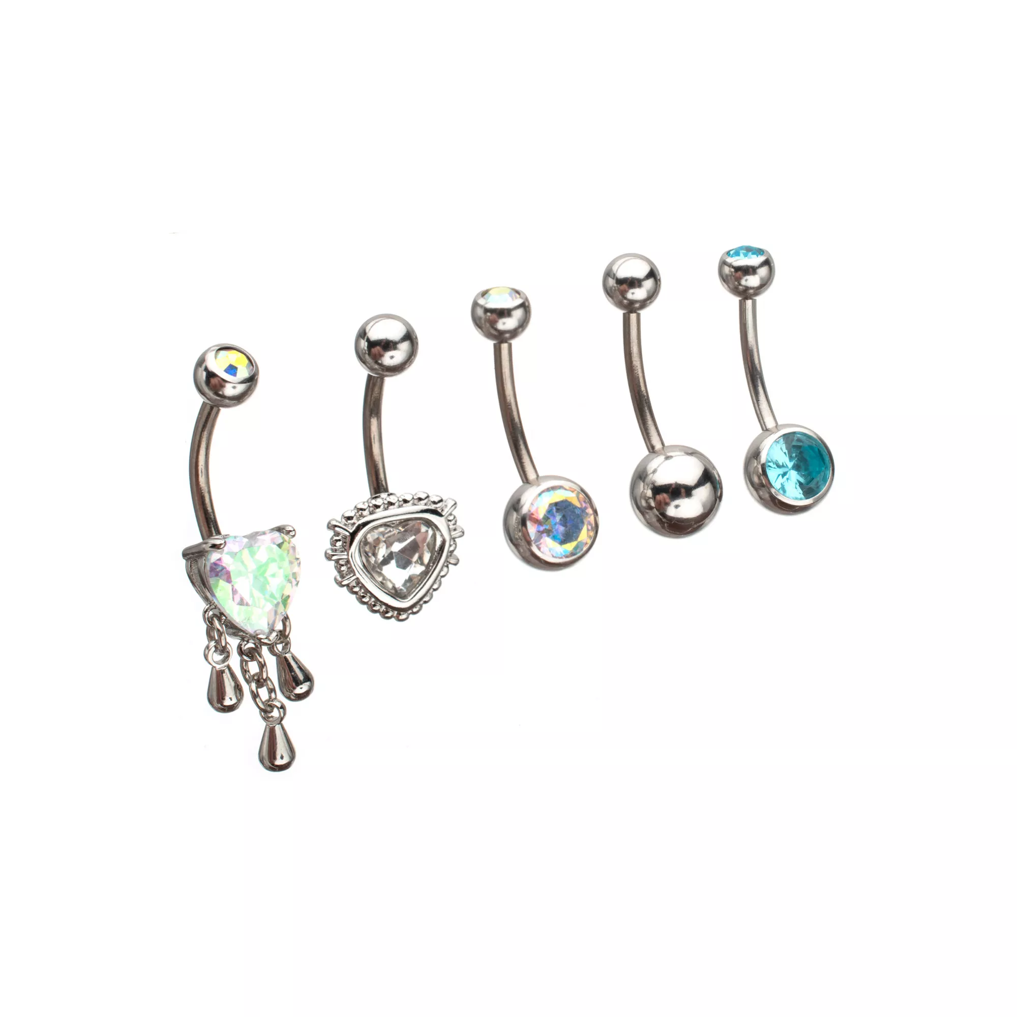 Multi-Pack CZ Heart Drip Titanium Dangle Belly Rings 5 Pack - 14 Gauge at Spencer's