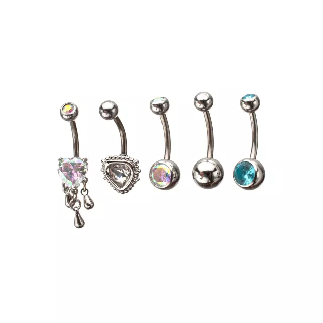 Multi-Pack CZ Heart Drip Titanium Dangle Belly Rings 5 Pack - 14 Gauge at Spencer's
