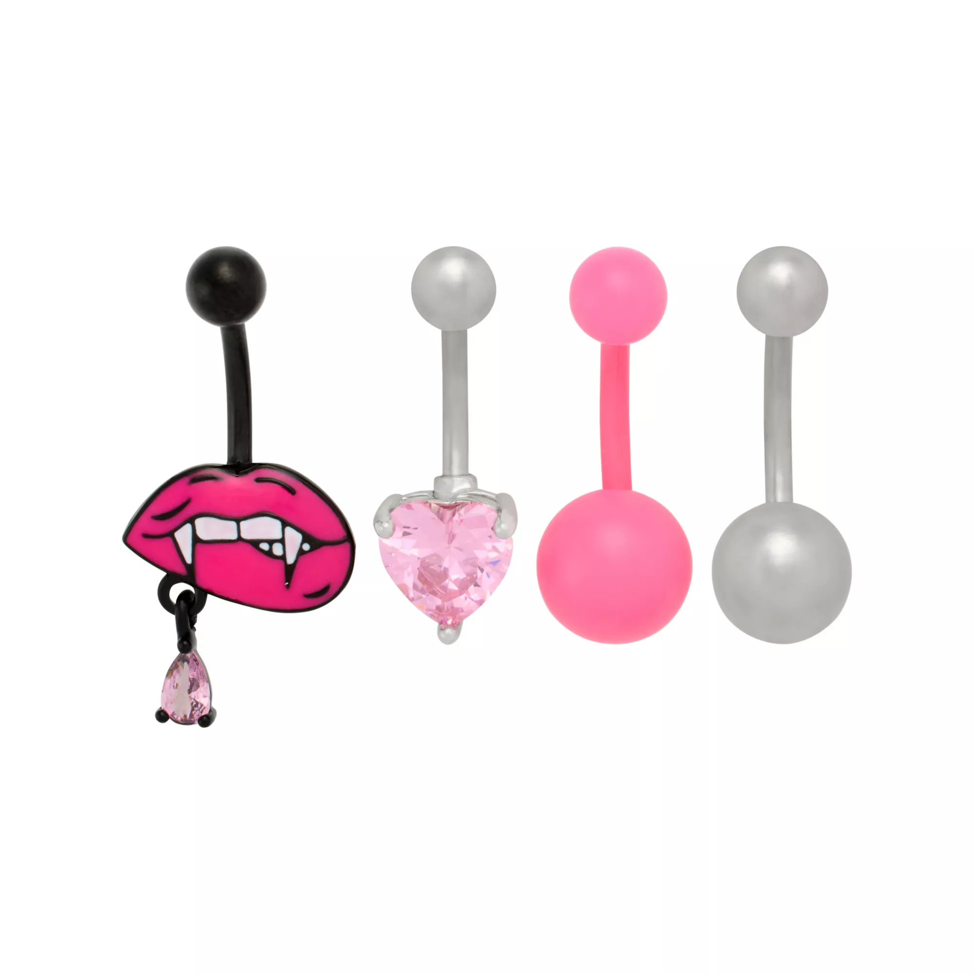 Multi-Pack Pink CZ Lip Heart Titanium Belly Rings 4 Pack - 14 Gauge at Spencer's
