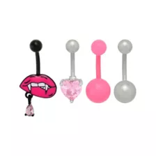Multi-Pack Pink CZ Lip Heart Titanium Belly Rings 4 Pack - 14 Gauge at Spencer's