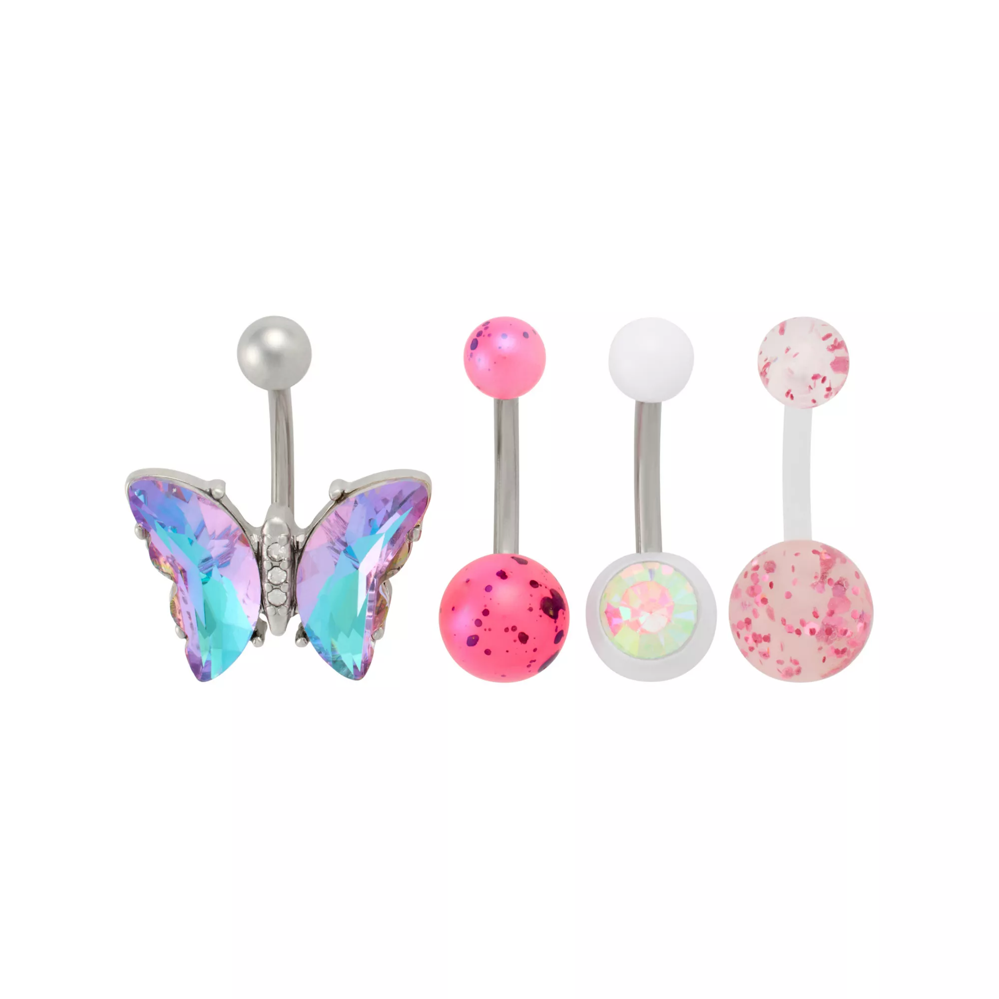Multi-Pack Aurora Borealis CZ Butterfly Belly Rings 4 Pack - 14 Gauge at Spencer's