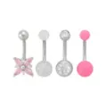 Multi-Pack Pink CZ Flower Glitter Belly Rings 4 Pack - 14 Gauge at Spencer's
