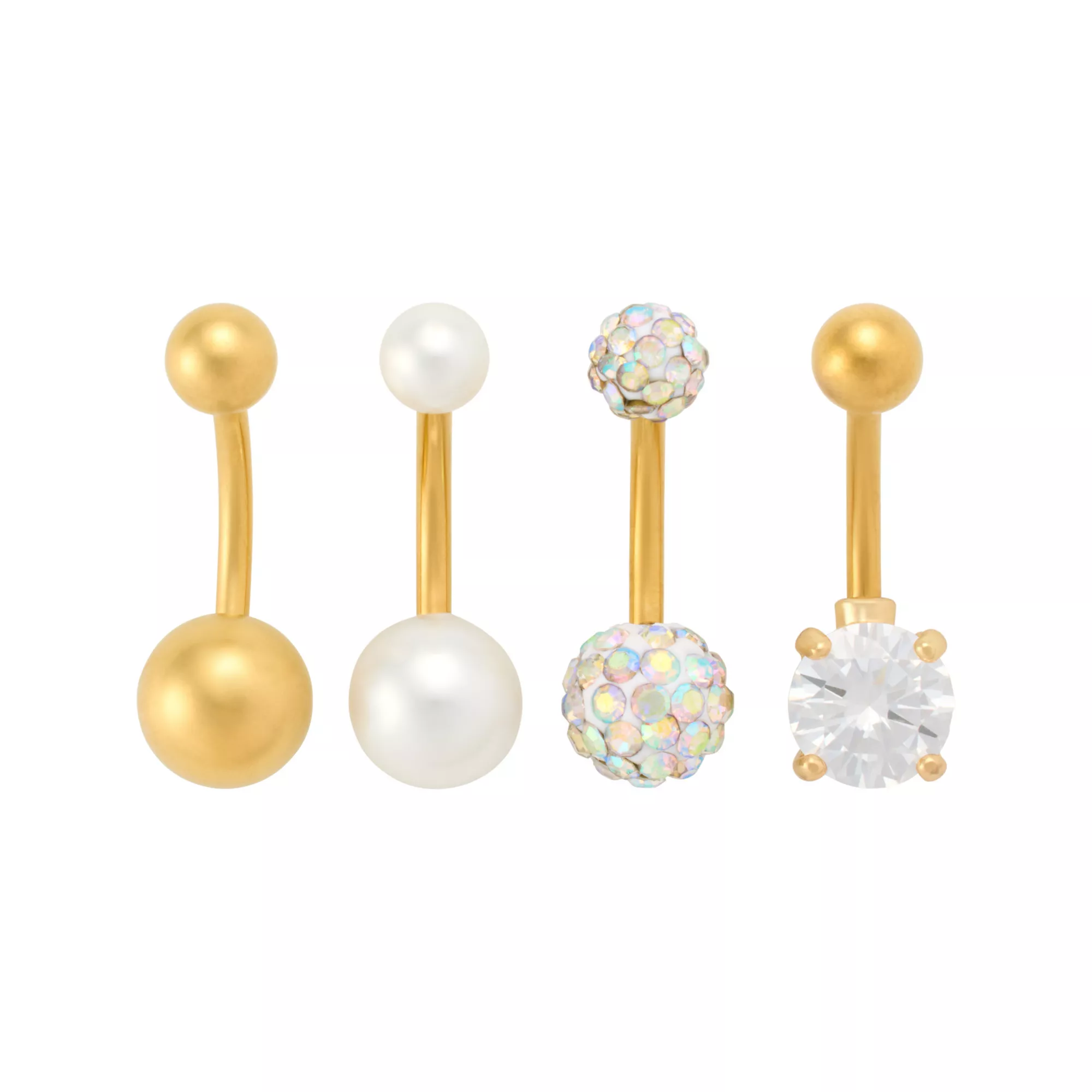 Multi-Pack Aurora Borealis CZ Gold-Tone Titanium Belly Rings 4 Pack - 14 Gauge at Spencer's