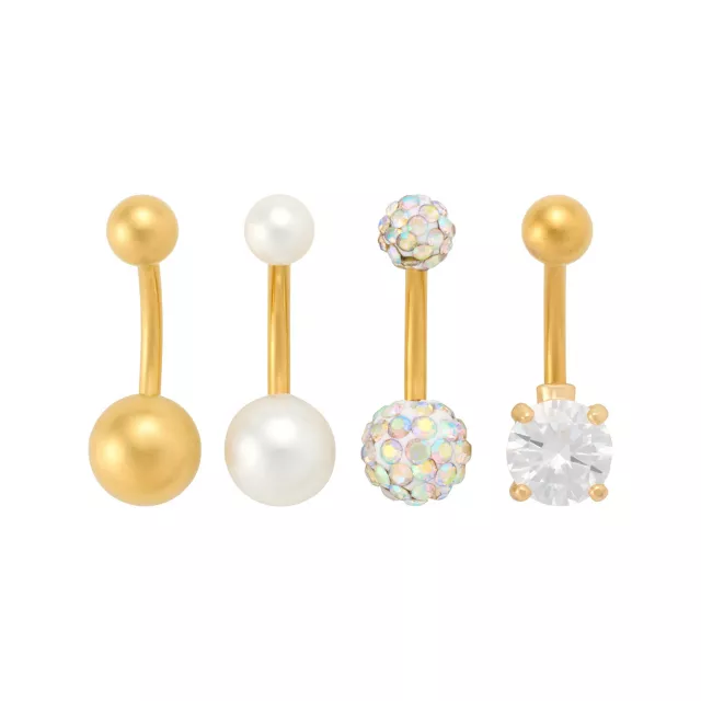 Multi-Pack Aurora Borealis CZ Gold-Tone Titanium Belly Rings 4 Pack - 14 Gauge at Spencer's