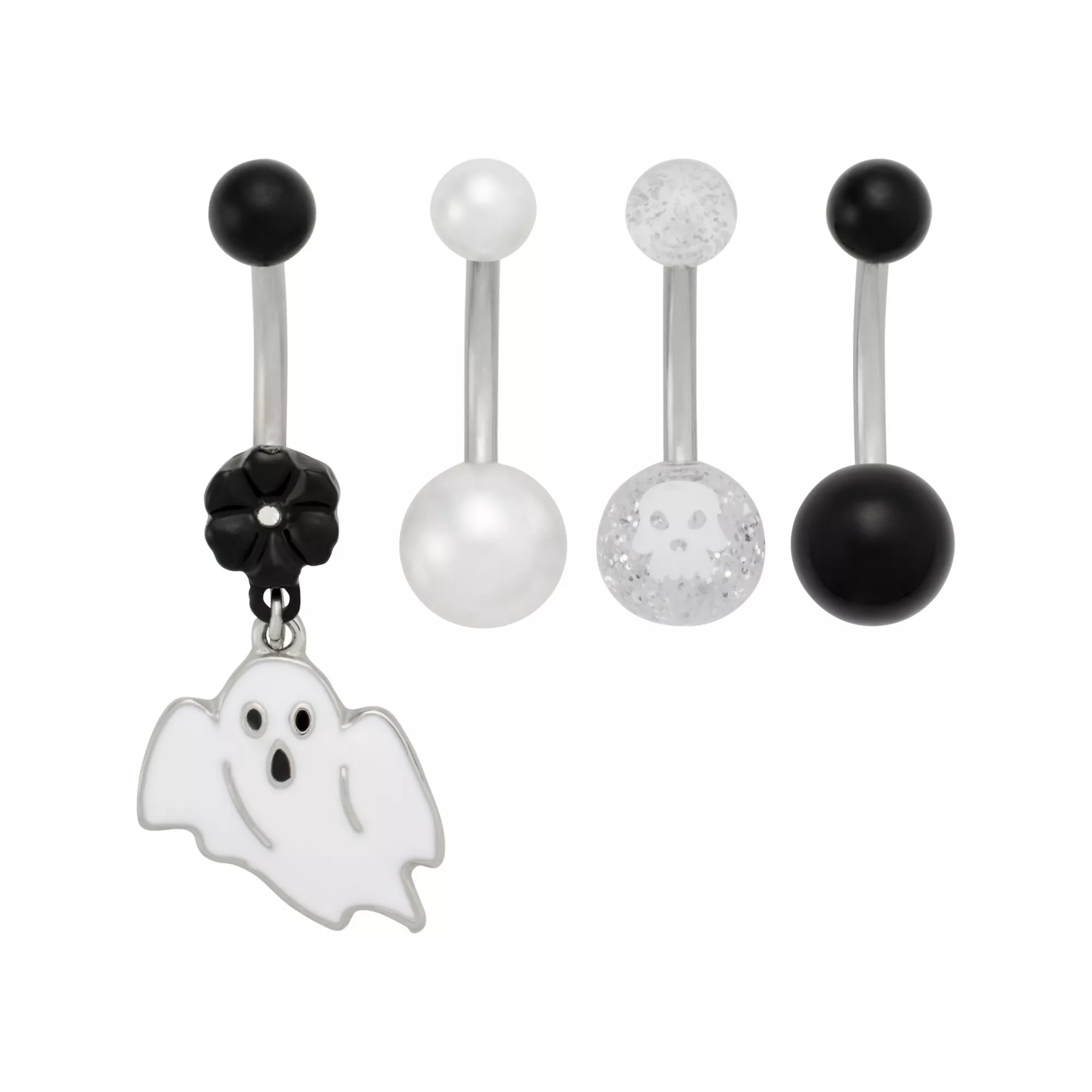 Multi-Pack Black and White Ghost Belly Rings 4 Pack - 14 Gauge at Spencer's