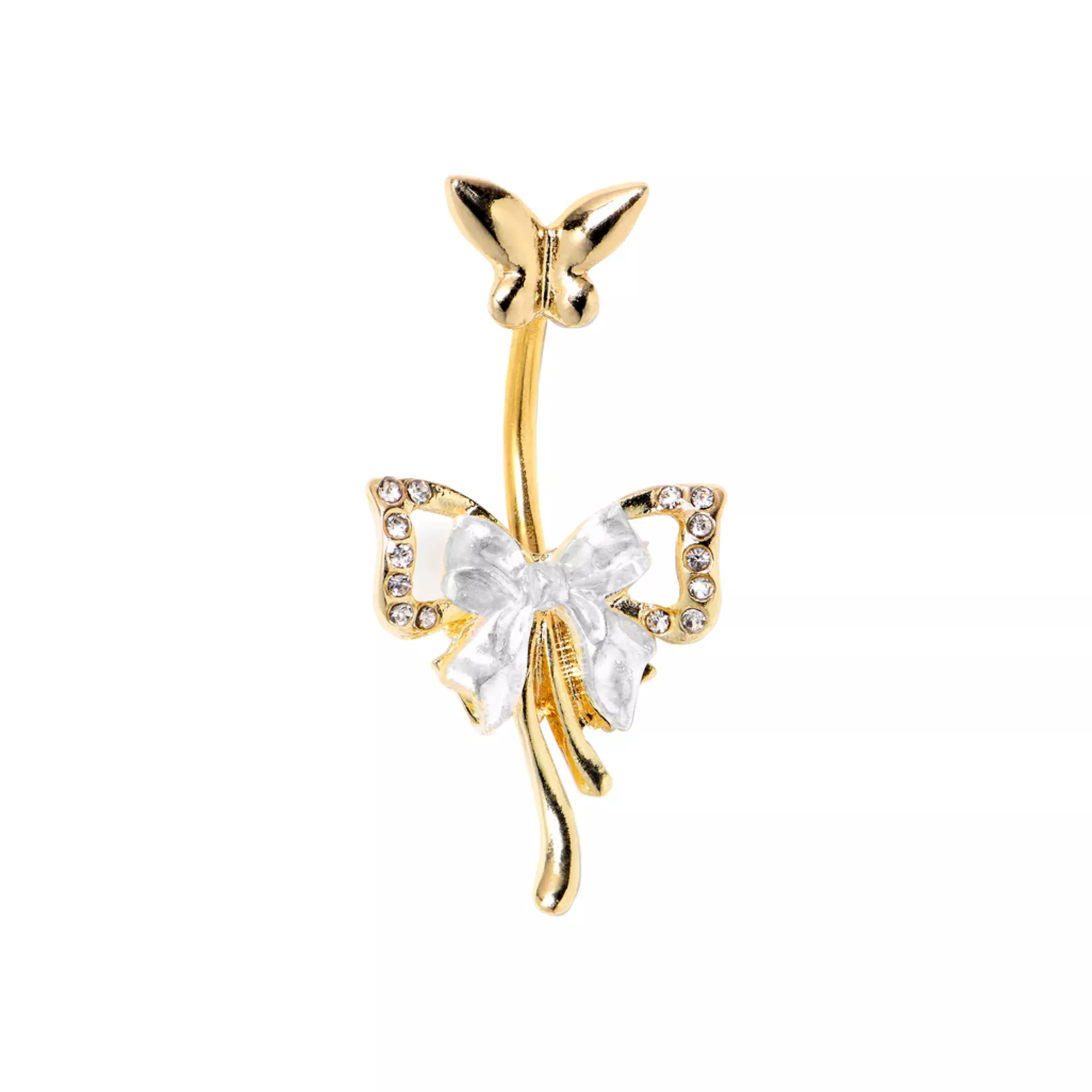 CZ Butterfly Bow Gold-Tone Titanium Dangle Belly Ring - 14 Gauge at Spencer's