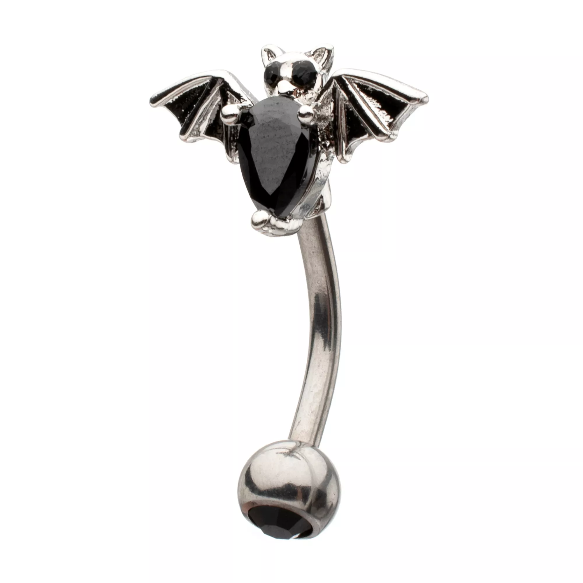 Black CZ Bat Silver-Plated Belly Ring - 14 Gauge