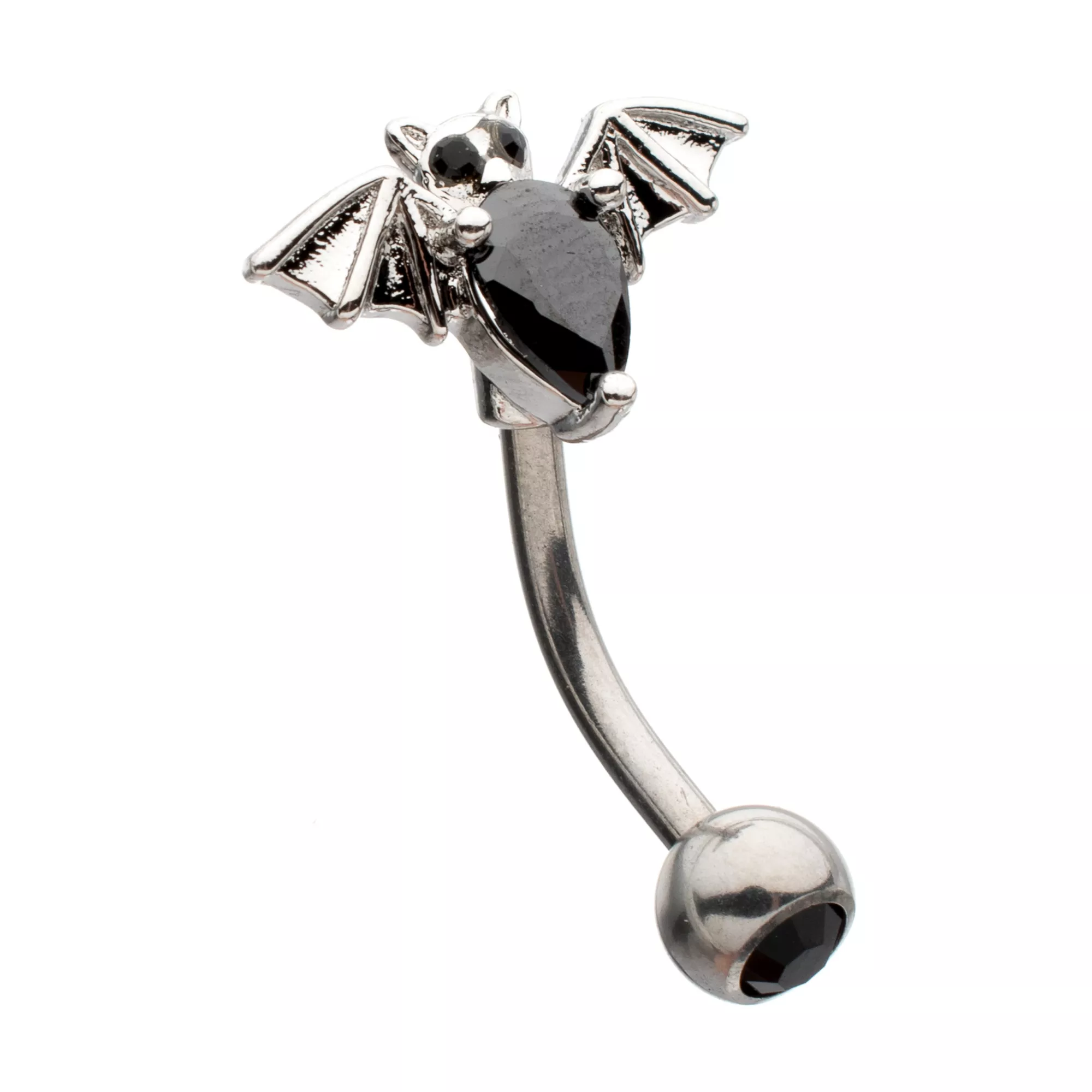 Black CZ Bat Silver-Plated Belly Ring - 14 Gauge
