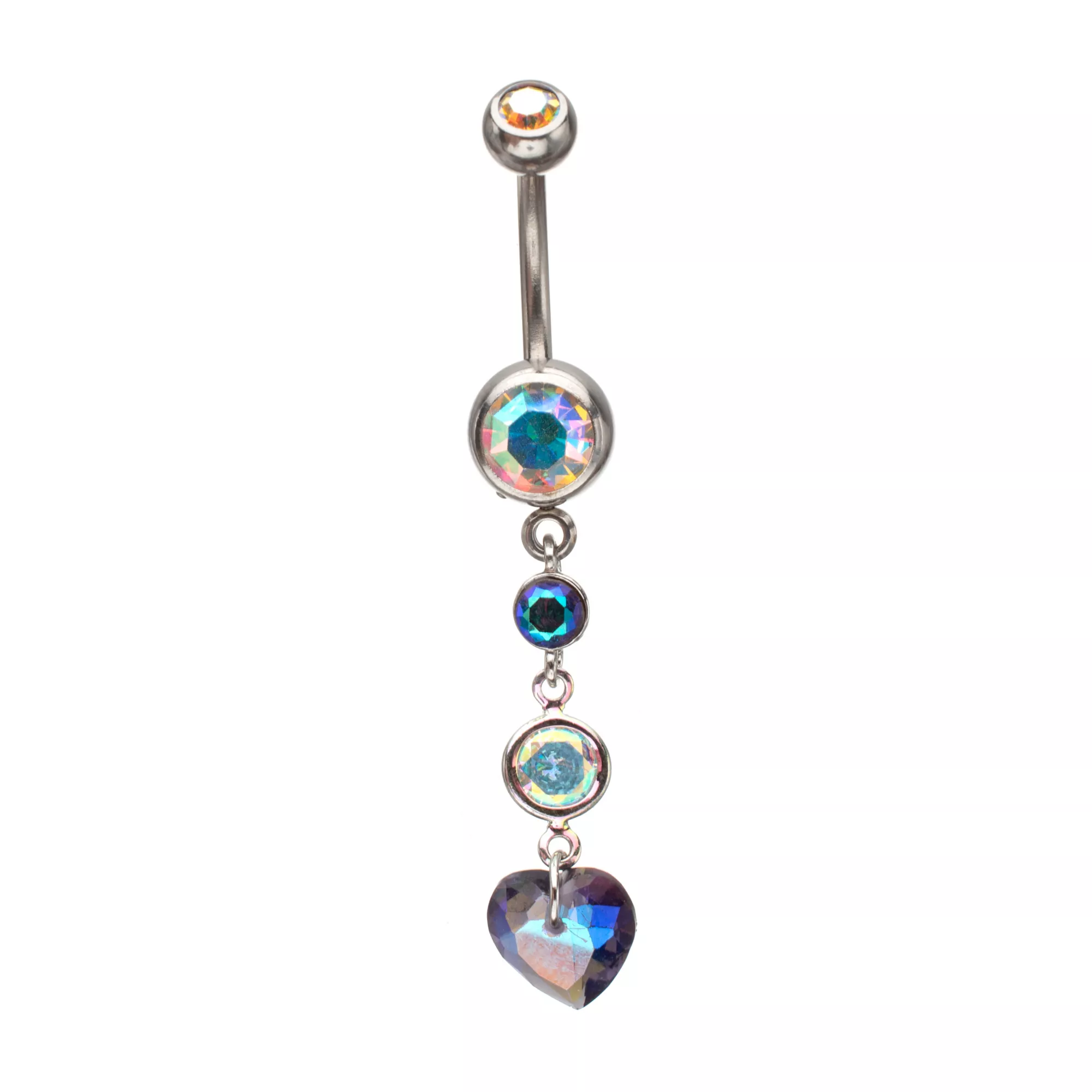 Iridescent CZ Heart Silver-Plated Dangle Belly Ring - 14 Gauge