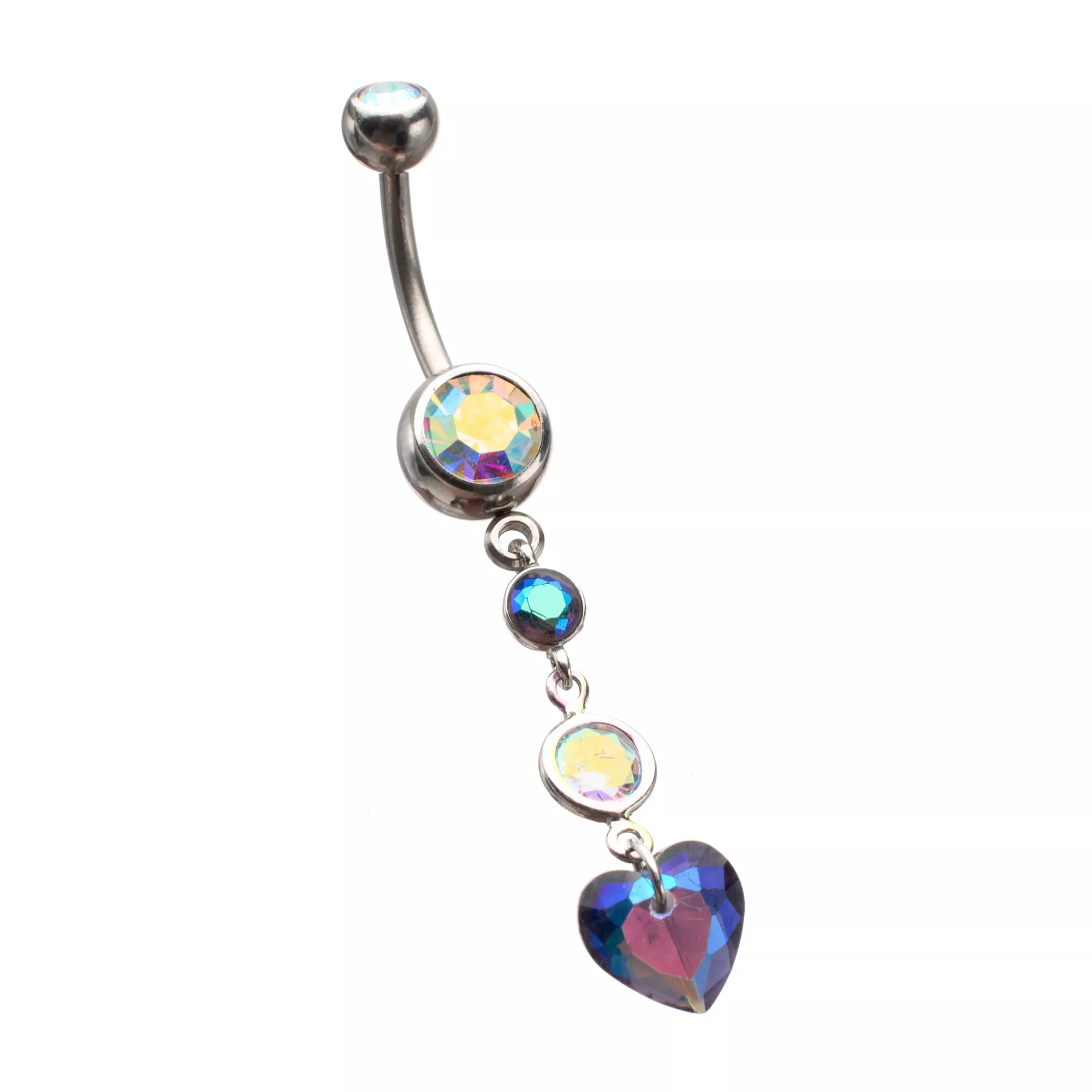 Iridescent CZ Heart Silver-Plated Dangle Belly Ring - 14 Gauge