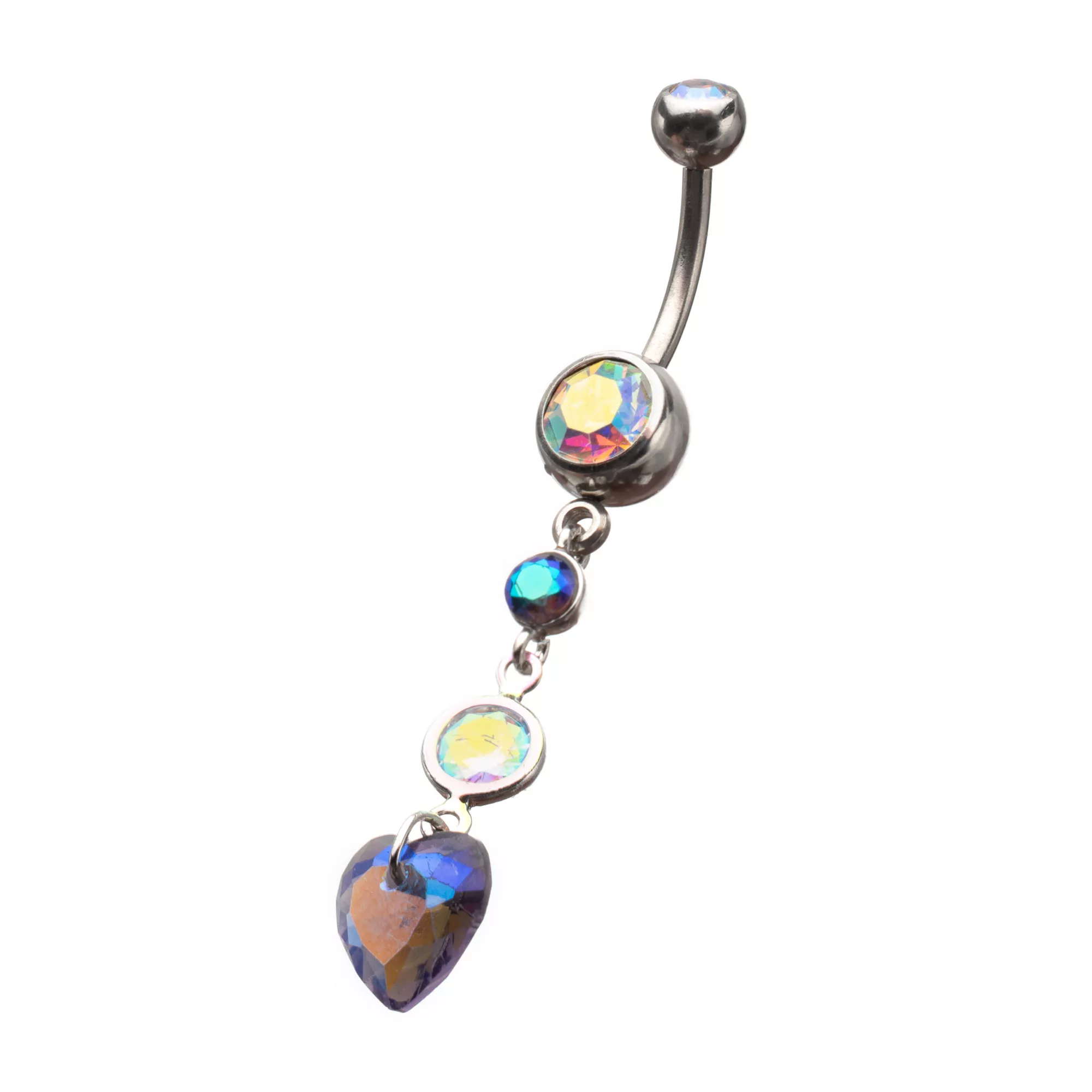 Iridescent CZ Heart Silver-Plated Dangle Belly Ring - 14 Gauge