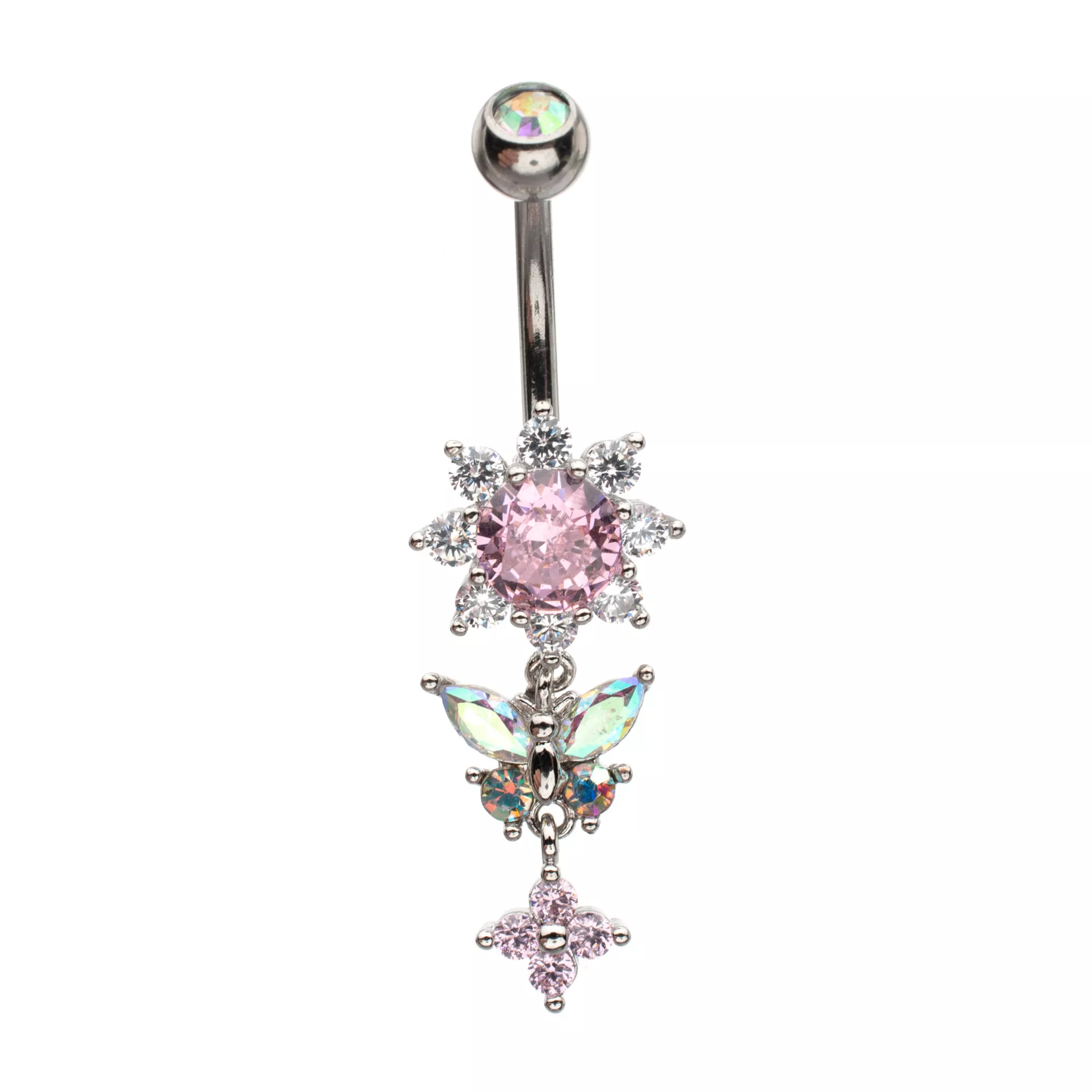 Blue and Pink CZ Flower Butterfly Silver-Plated Dangle Belly Ring - 14 Gauge at Spencer's