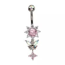 Blue and Pink CZ Flower Butterfly Silver-Plated Dangle Belly Ring - 14 Gauge at Spencer's