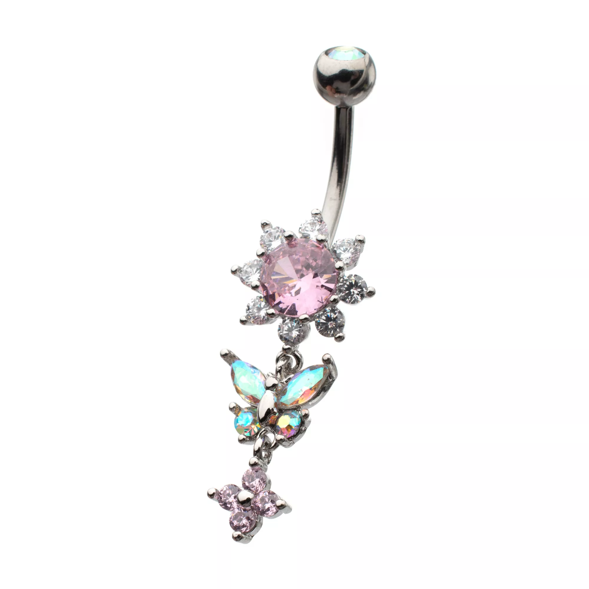 Blue and Pink CZ Flower Butterfly Silver-Plated Dangle Belly Ring - 14 Gauge at Spencer's