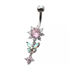 Blue and Pink CZ Flower Butterfly Silver-Plated Dangle Belly Ring - 14 Gauge at Spencer's