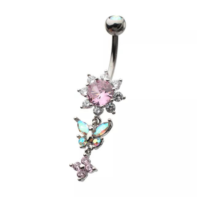 Blue and Pink CZ Flower Butterfly Silver-Plated Dangle Belly Ring - 14 Gauge at Spencer's