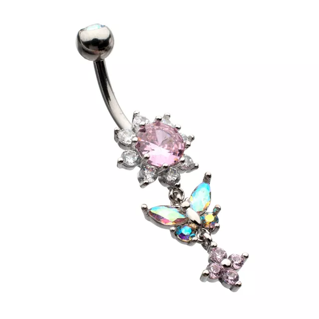 Blue and Pink CZ Flower Butterfly Silver-Plated Dangle Belly Ring - 14 Gauge at Spencer's
