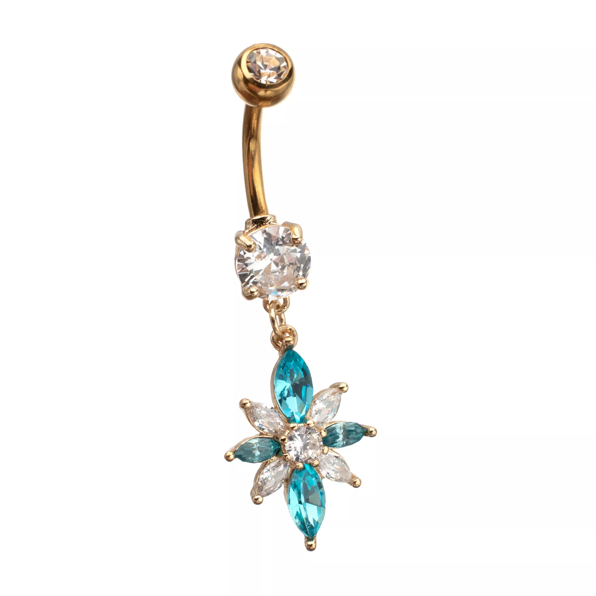 Clear and Blue CZ Flower Gold-Plated Dangle Belly Ring - 14 Gauge