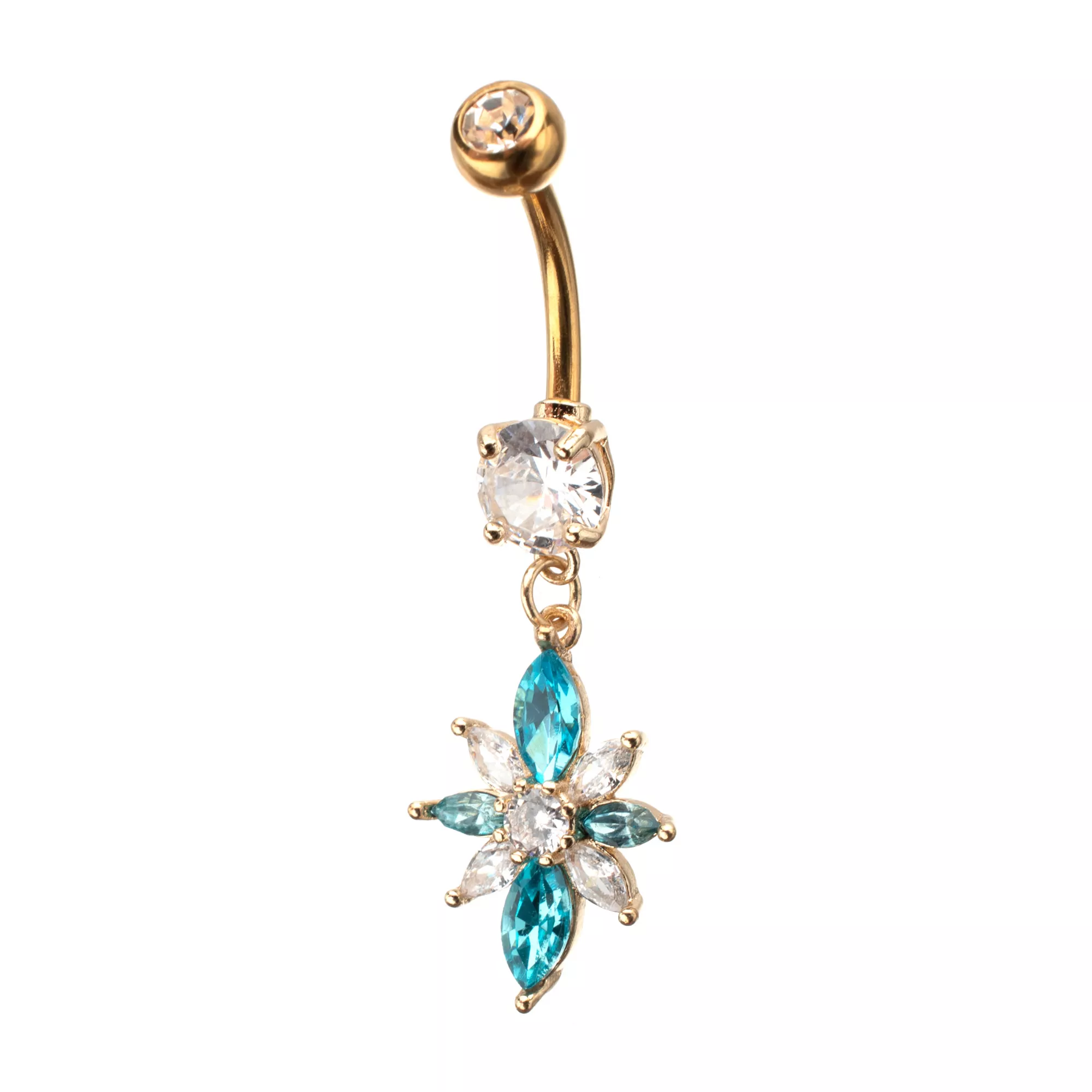 Clear and Blue CZ Flower Gold-Plated Dangle Belly Ring - 14 Gauge