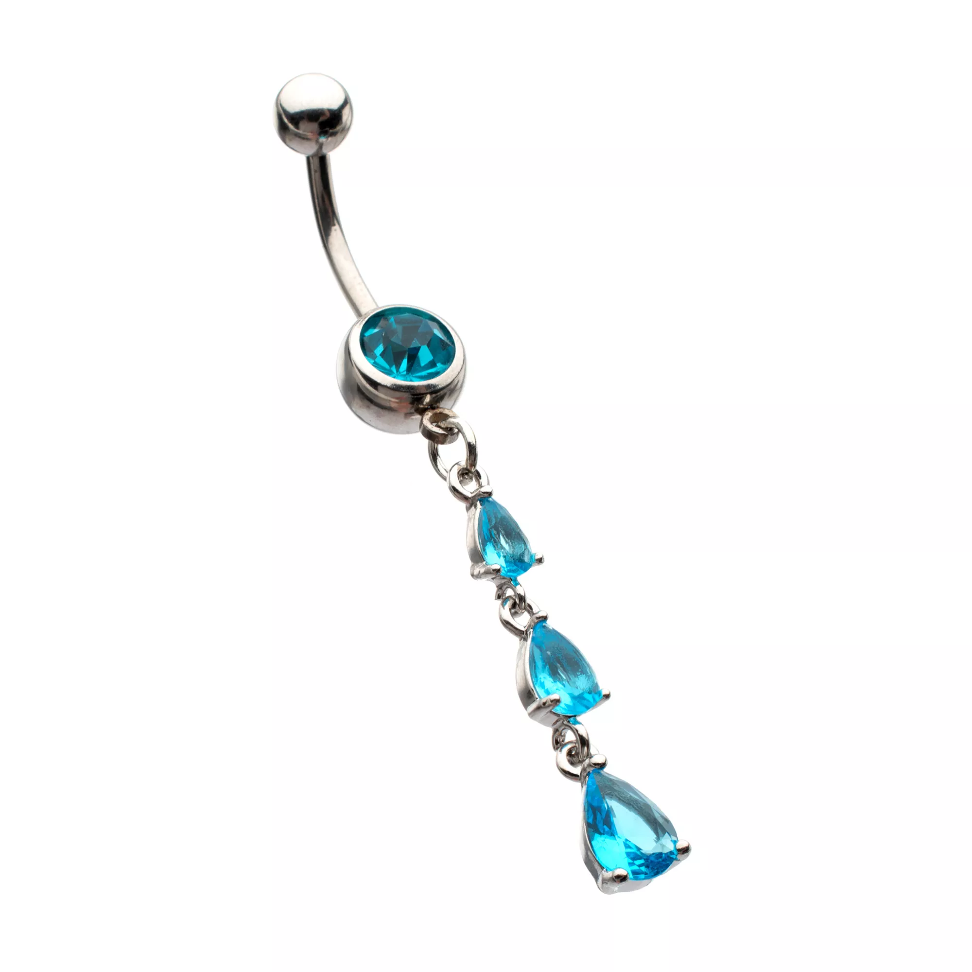 Blue CZ Teardrop Silver-Plated Dangle Belly Ring - 14 Gauge