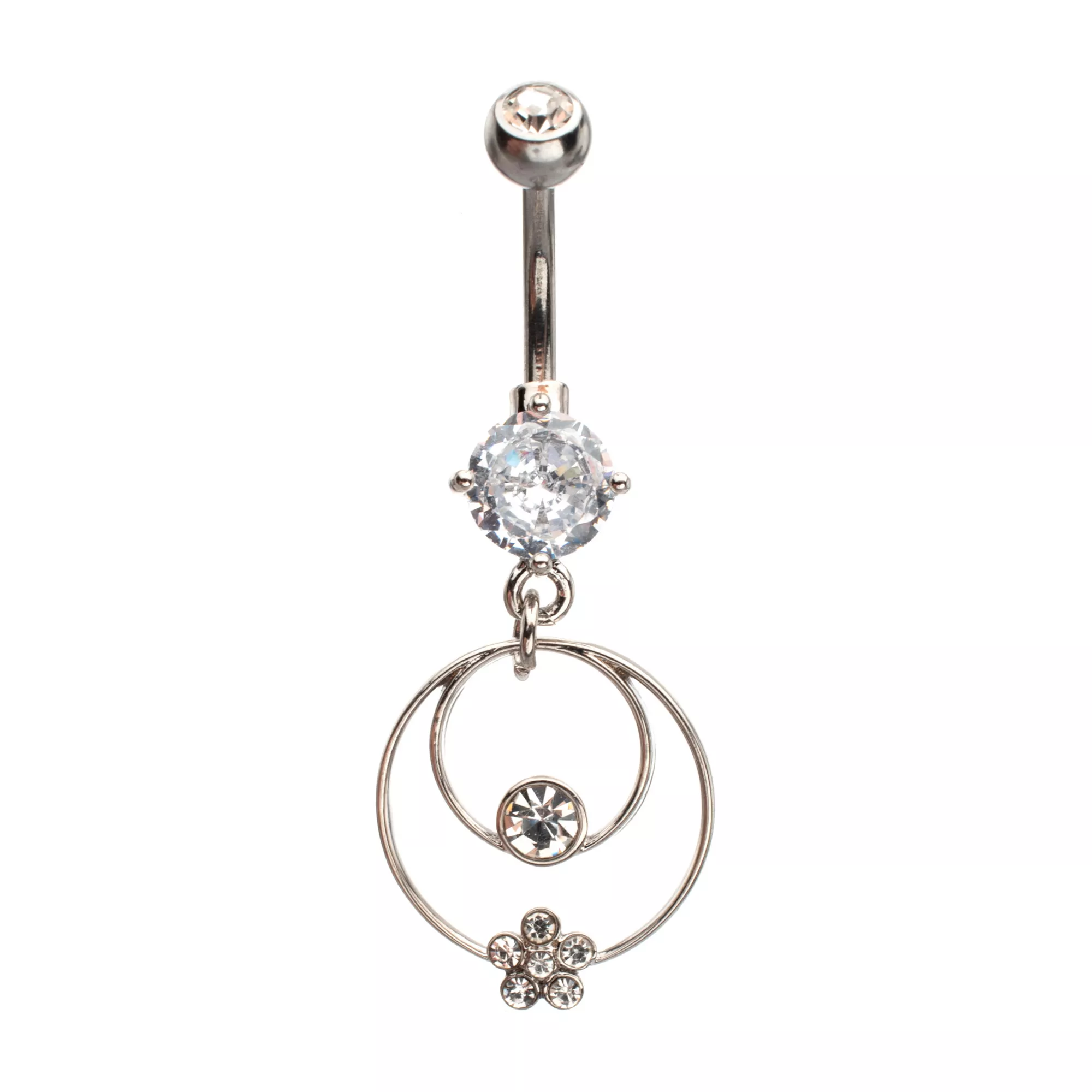 Clear CZ Double Hoop Silver-Plated Dangle Belly Ring - 14 Gauge