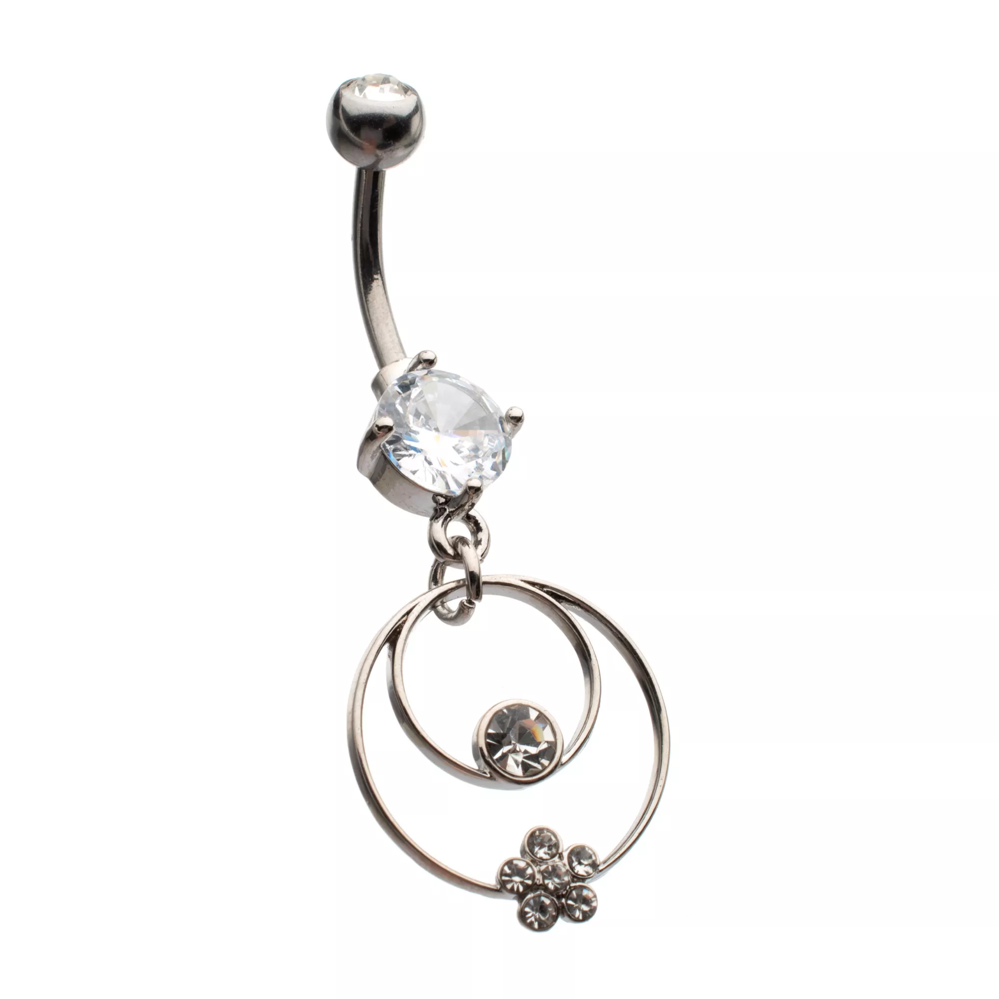Clear CZ Double Hoop Silver-Plated Dangle Belly Ring - 14 Gauge