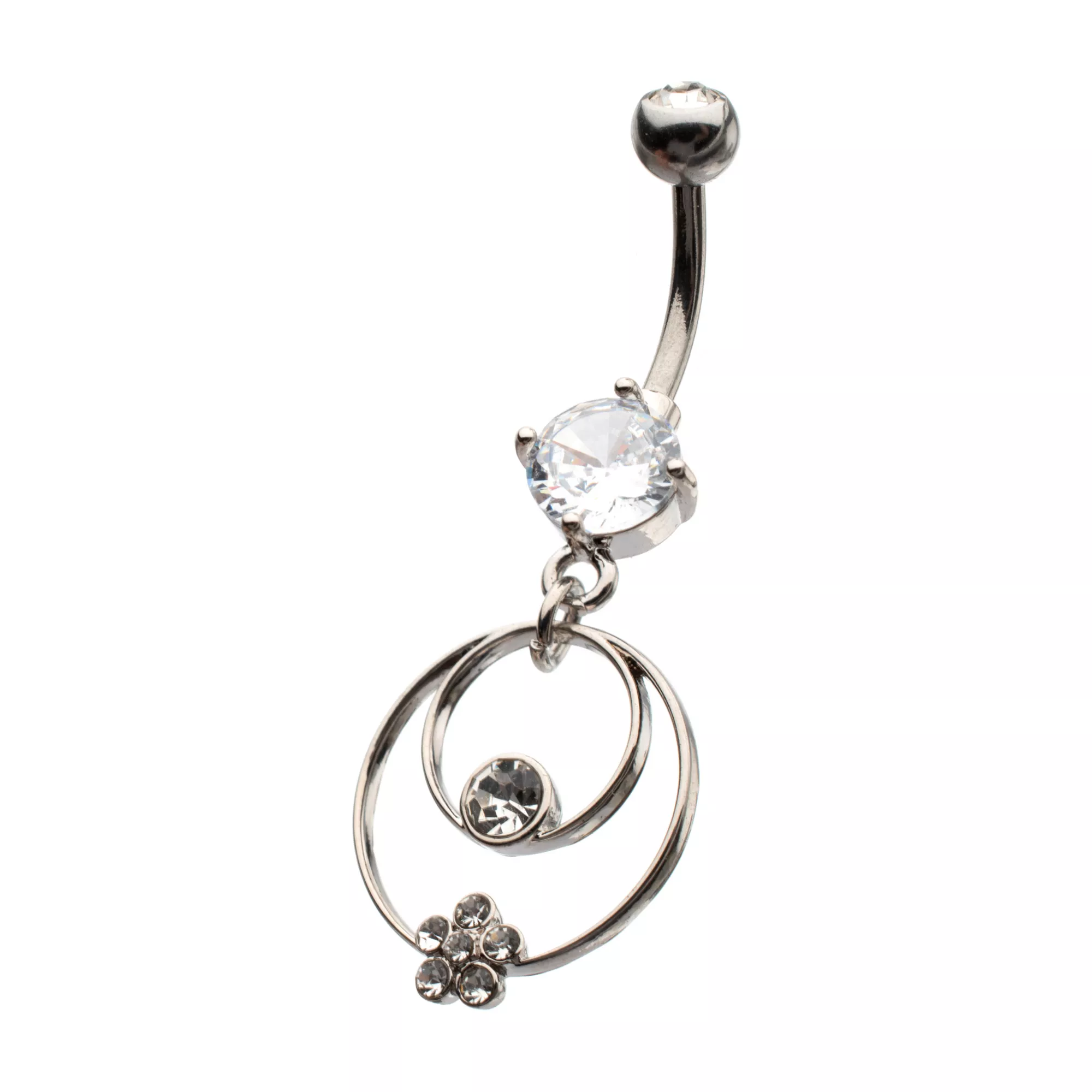 Clear CZ Double Hoop Silver-Plated Dangle Belly Ring - 14 Gauge